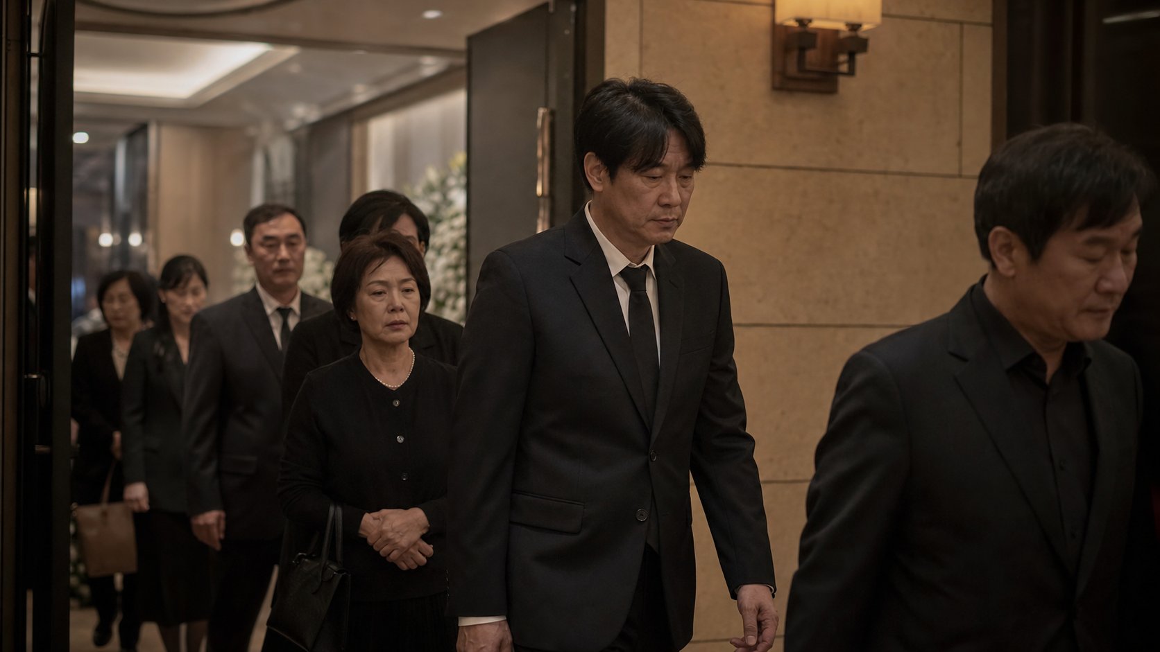 빈소 입구로 조문객들이 검정 정장 차림으로 들어가는 모습