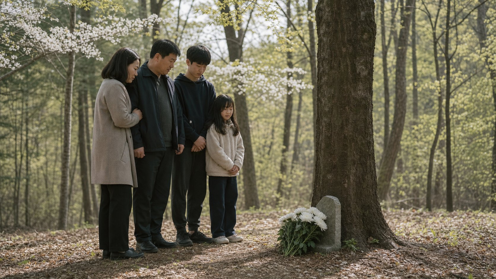 수목장 추모목 아래 표석과 흰 꽃을 두고 가족이 서 있는 모습