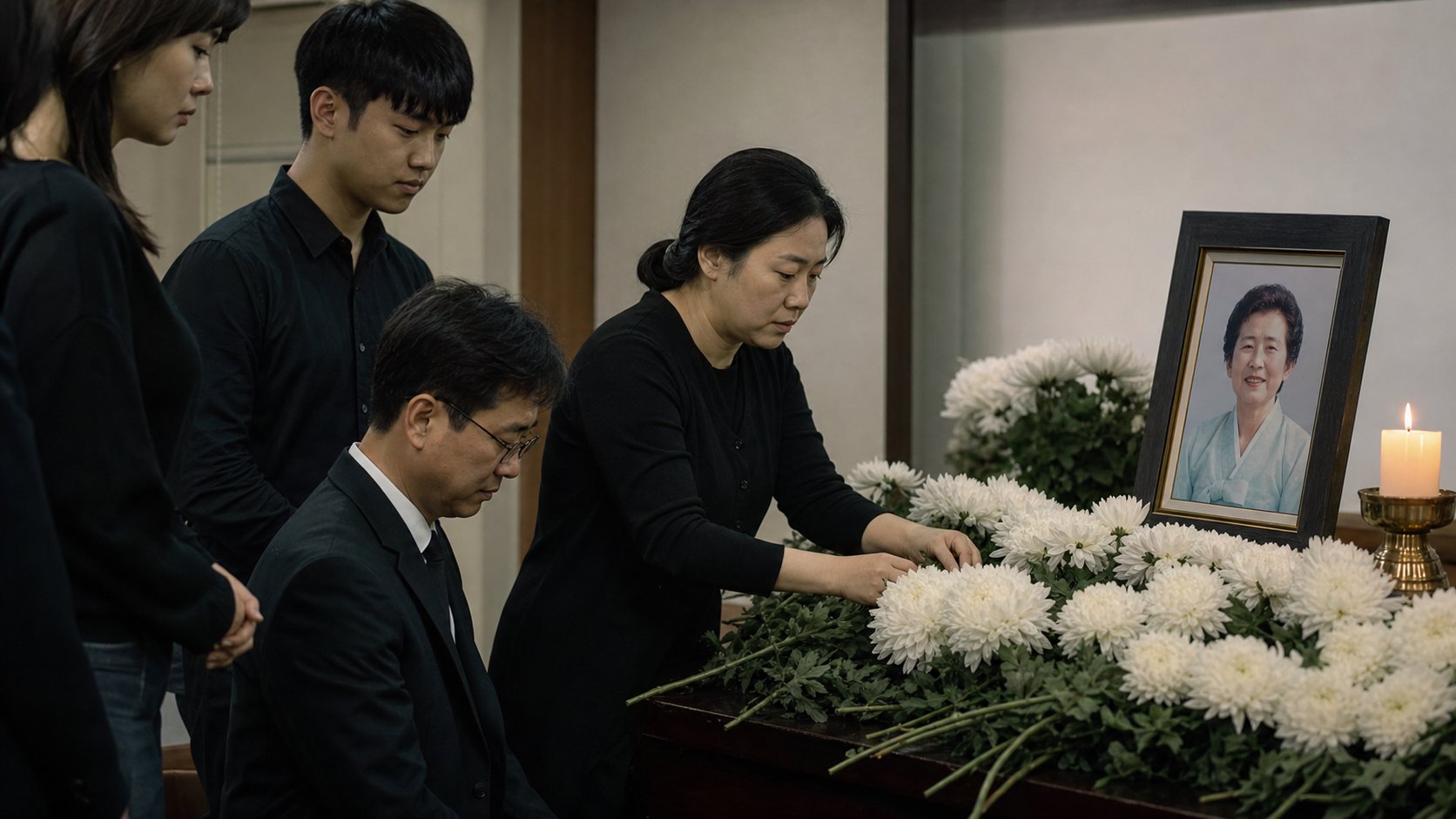 가족과 가까운 친지만 모인 작은 빈소의 차분한 추모 모습