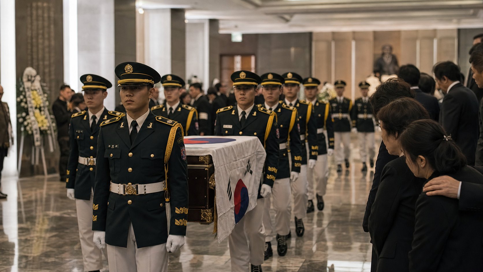 군 의장대가 도열한 영결식장에서 운구를 호위하는 모습