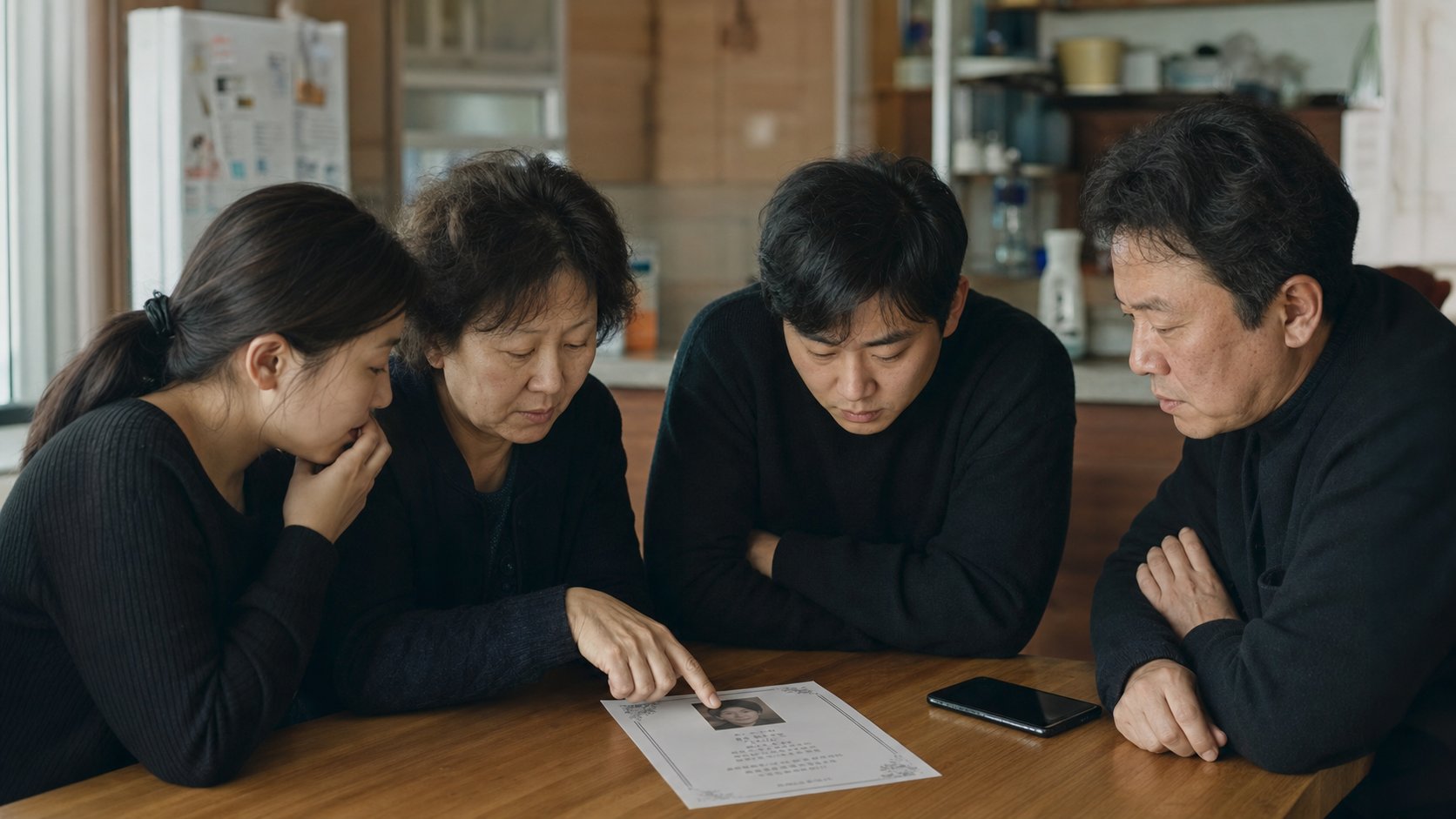 부고 안내문을 가족이 함께 검토하며 단톡방 공유 내용을 정리하는 모습