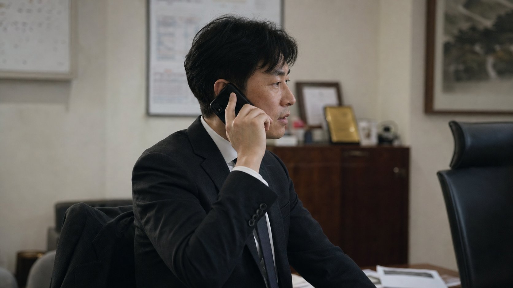 사무실에서 휴대폰으로 직장 부서장에게 부고를 전화로 알리는 모습