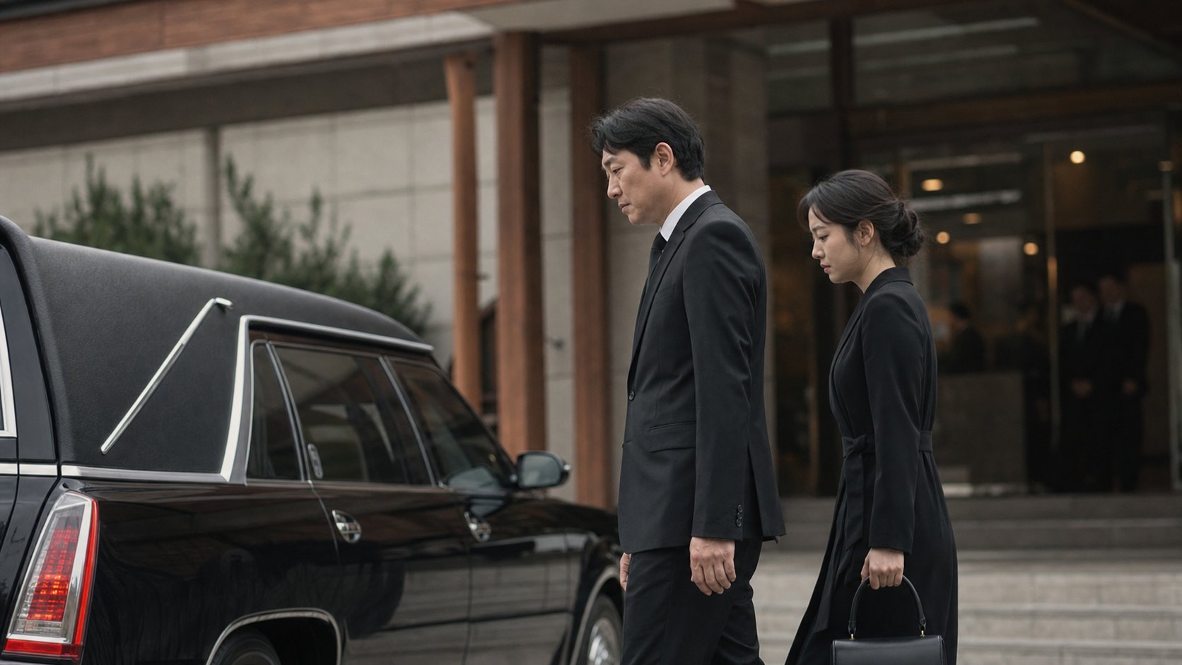 화장장 입구로 작은 가족이 차분히 들어가는 장면