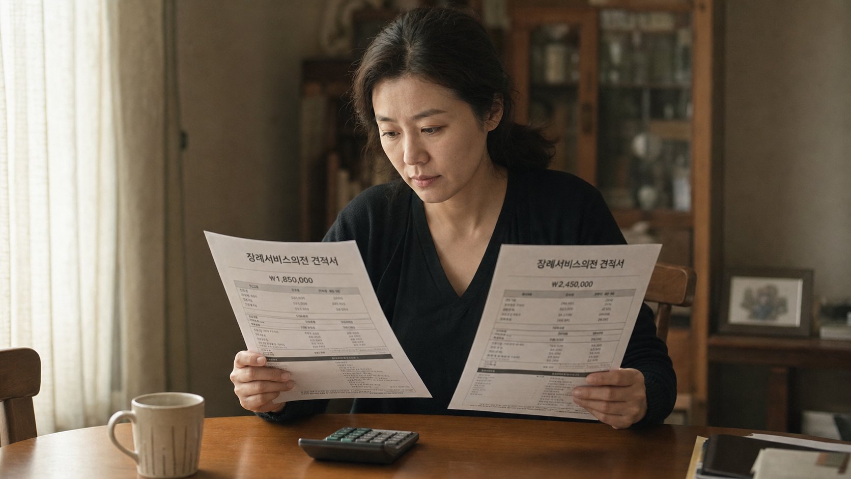 식탁에서 후불제 장례 견적서 두 장을 비교하는 모습