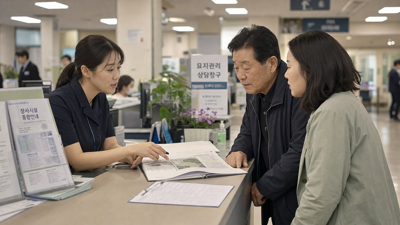 시청 사업소 창구에서 묘지 관리 직원이 가족에게 만료 안내를 설명하는 장면