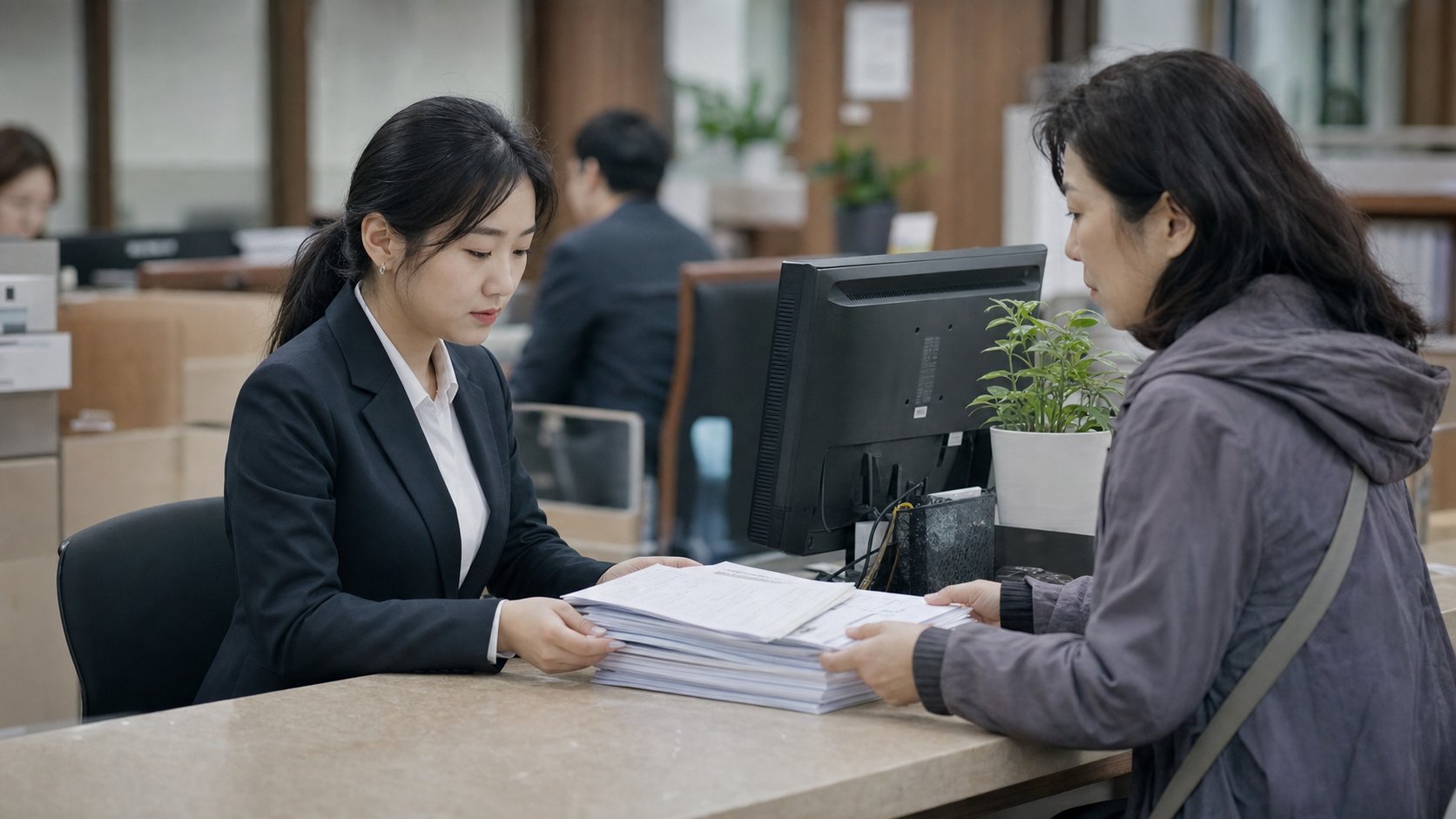 등기소 창구에서 직원이 상속인이 가져온 서류를 검토하는 장면