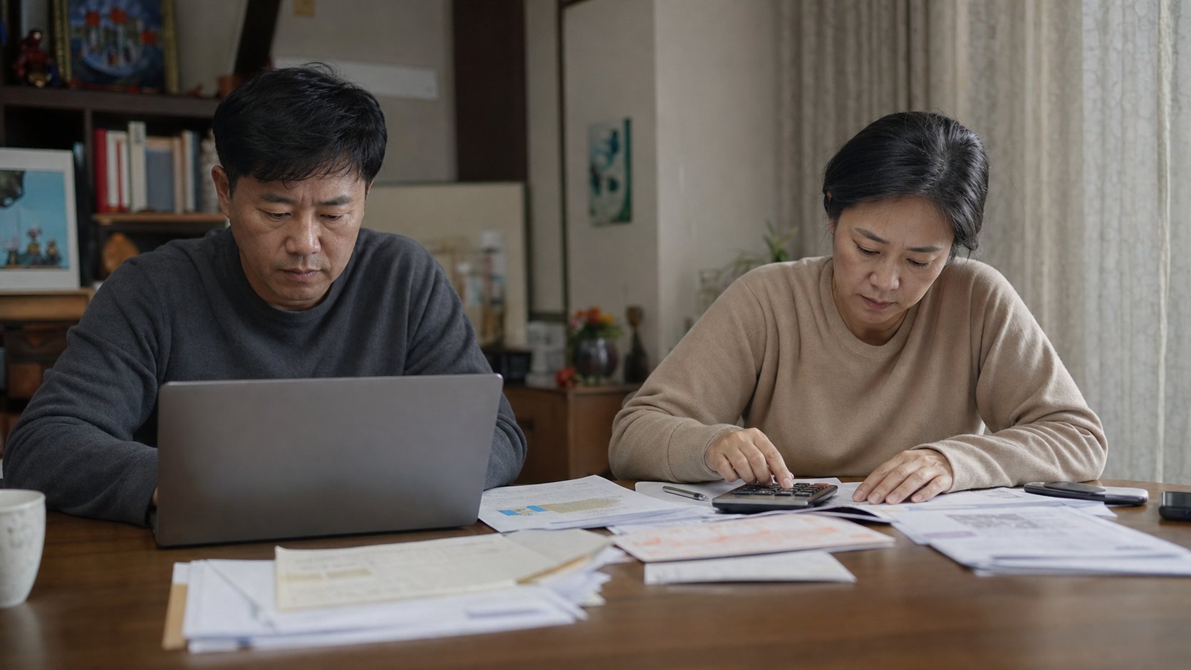 노트북과 계산기로 취득세와 등기 비용을 계산하는 중년 부부