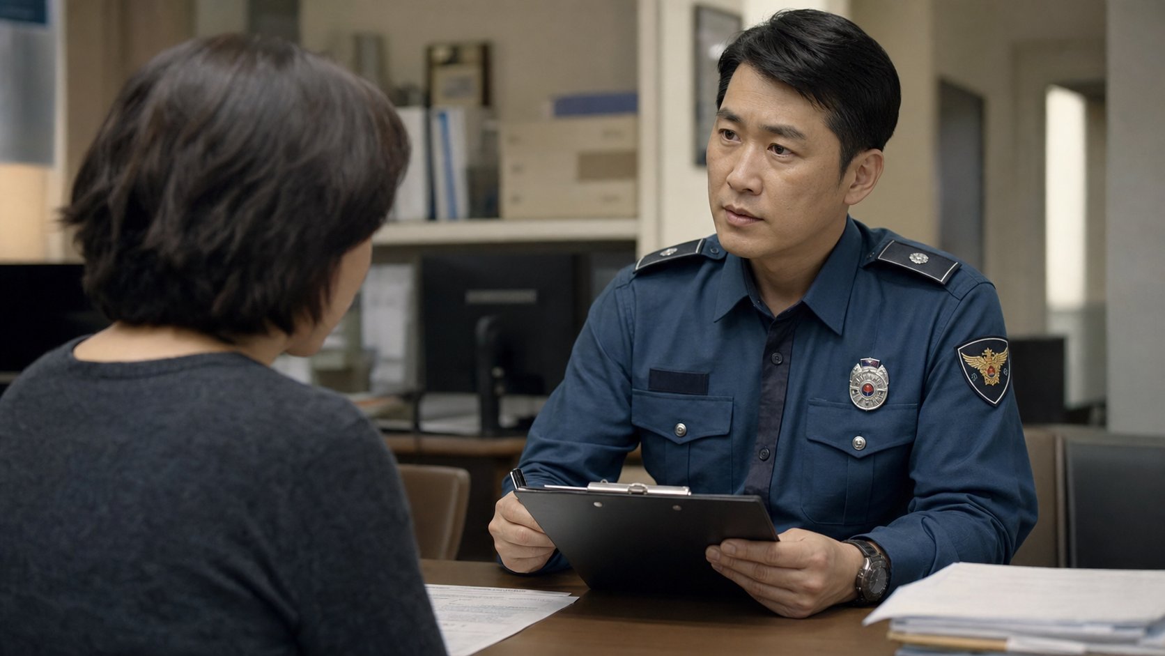 경찰관이 유족과 차분히 변사 조사를 진행하는 장면