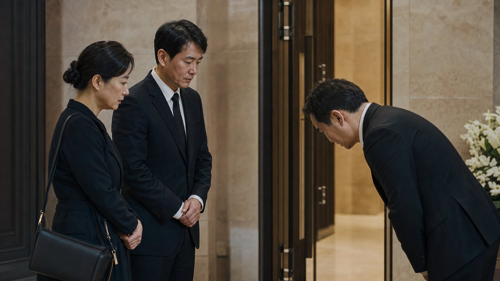 장례식장 입구에서 유족을 맞이하는 장례지도사의 차분한 장면