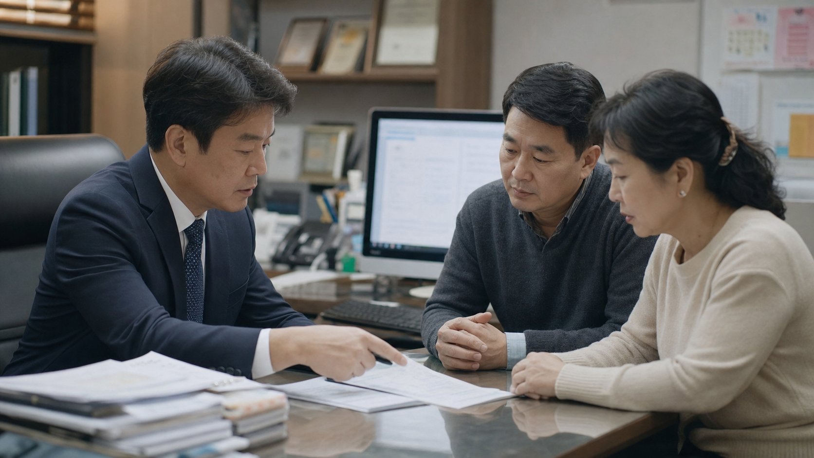 세무사 사무실에서 상속세 상담을 받는 중년 부부의 모습