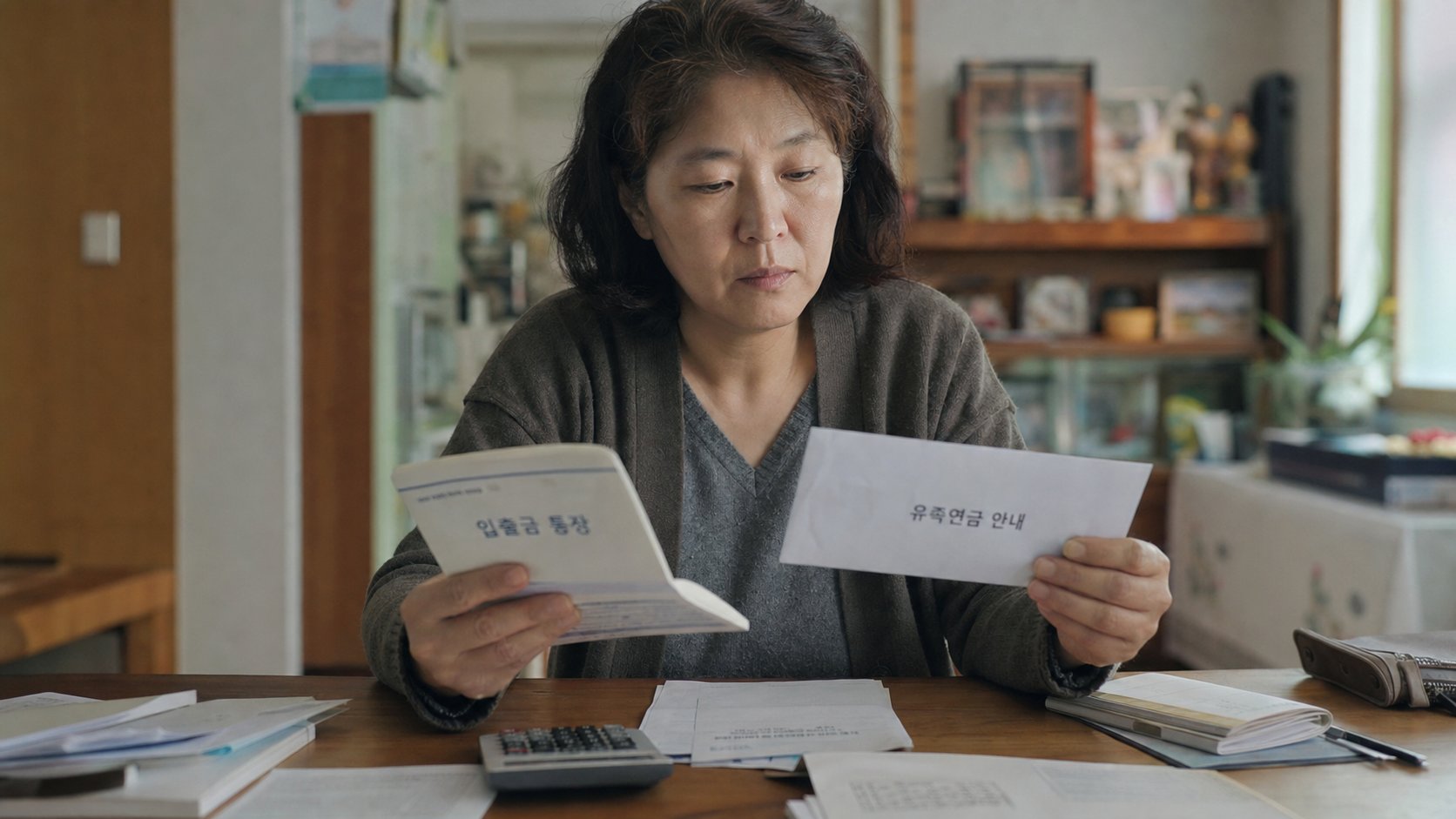 유족이 책상에서 통장과 유족연금 안내문을 살펴보는 장면