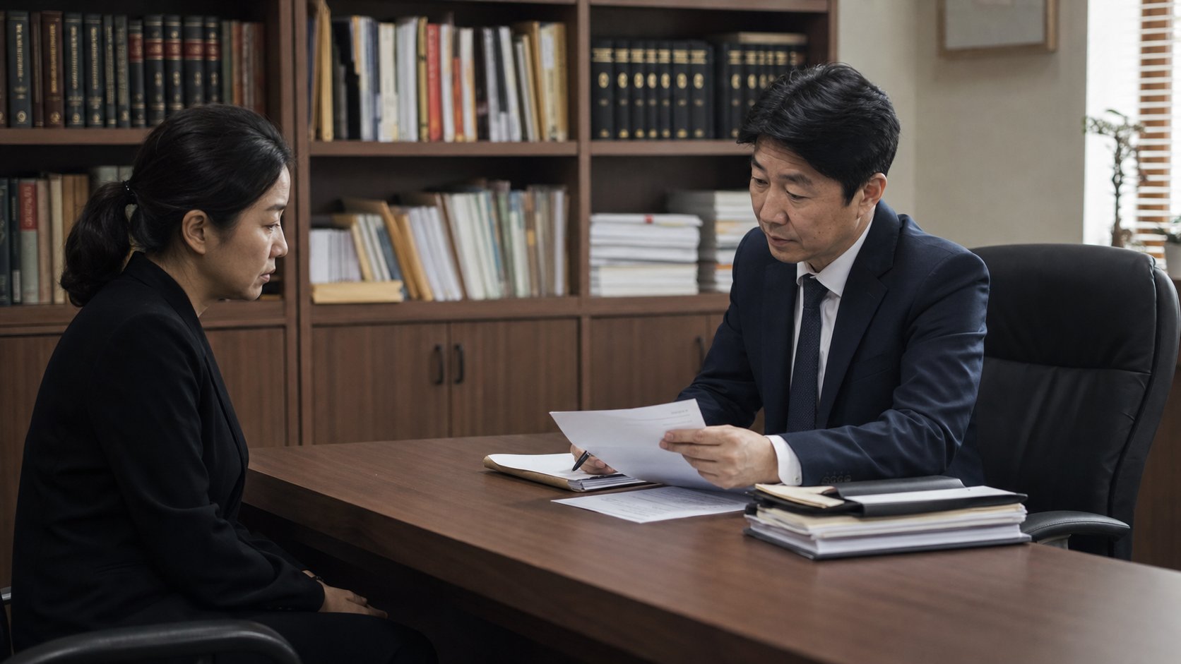 변호사 사무실에서 산재 손해배상 상담을 받는 유족의 모습