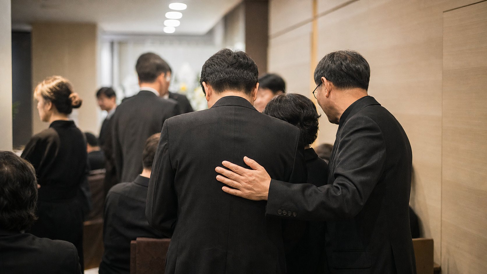 장례식장에서 가족이 서로 위로하며 손을 맞잡는 차분한 장면