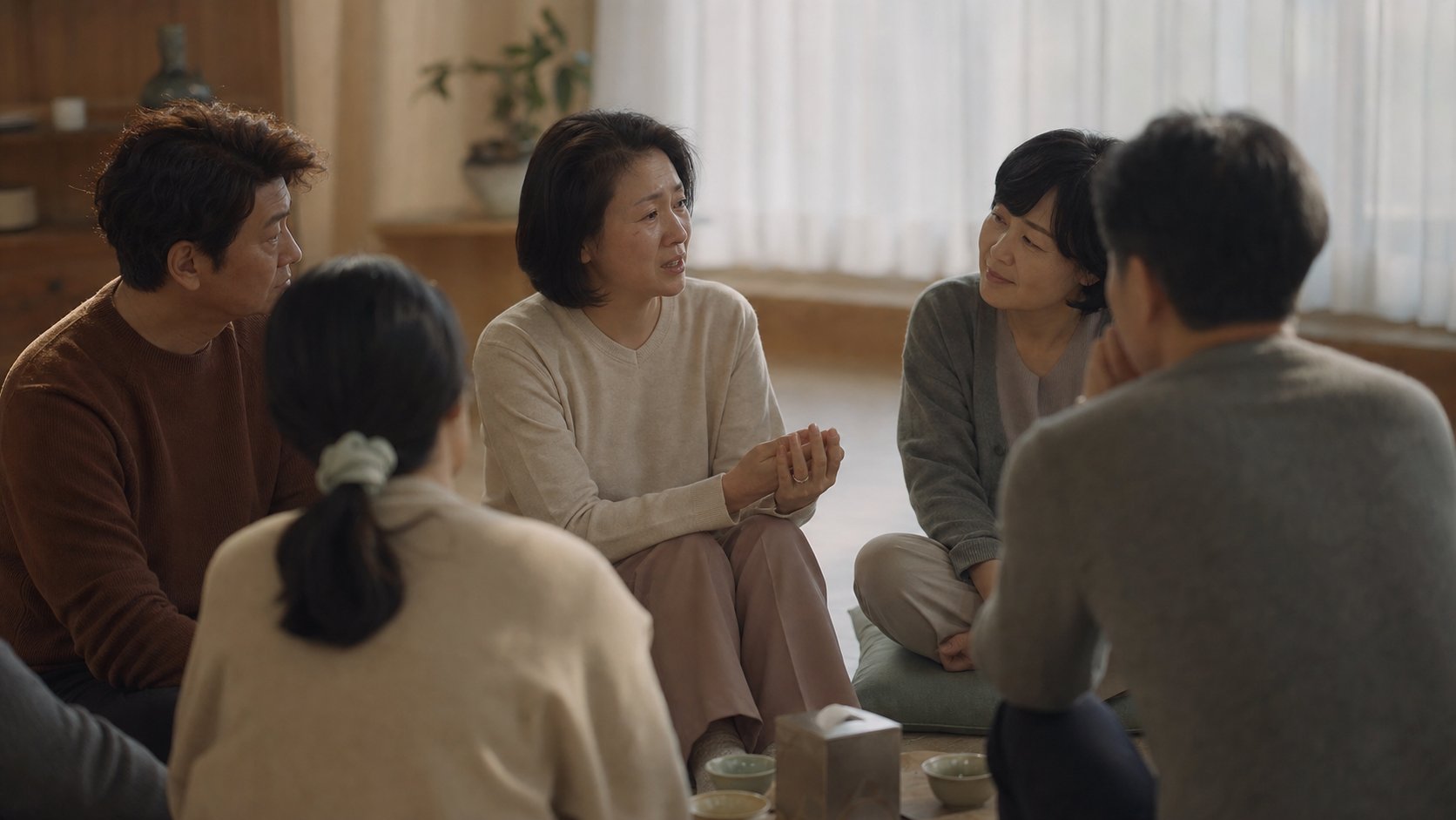 유족 자조모임에서 둘러앉아 서로의 이야기에 귀 기울이는 모습