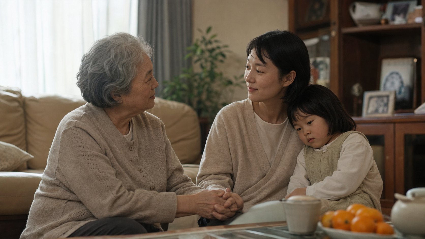 세 세대가 함께 모여 따뜻하게 시간을 보내는 가족의 모습