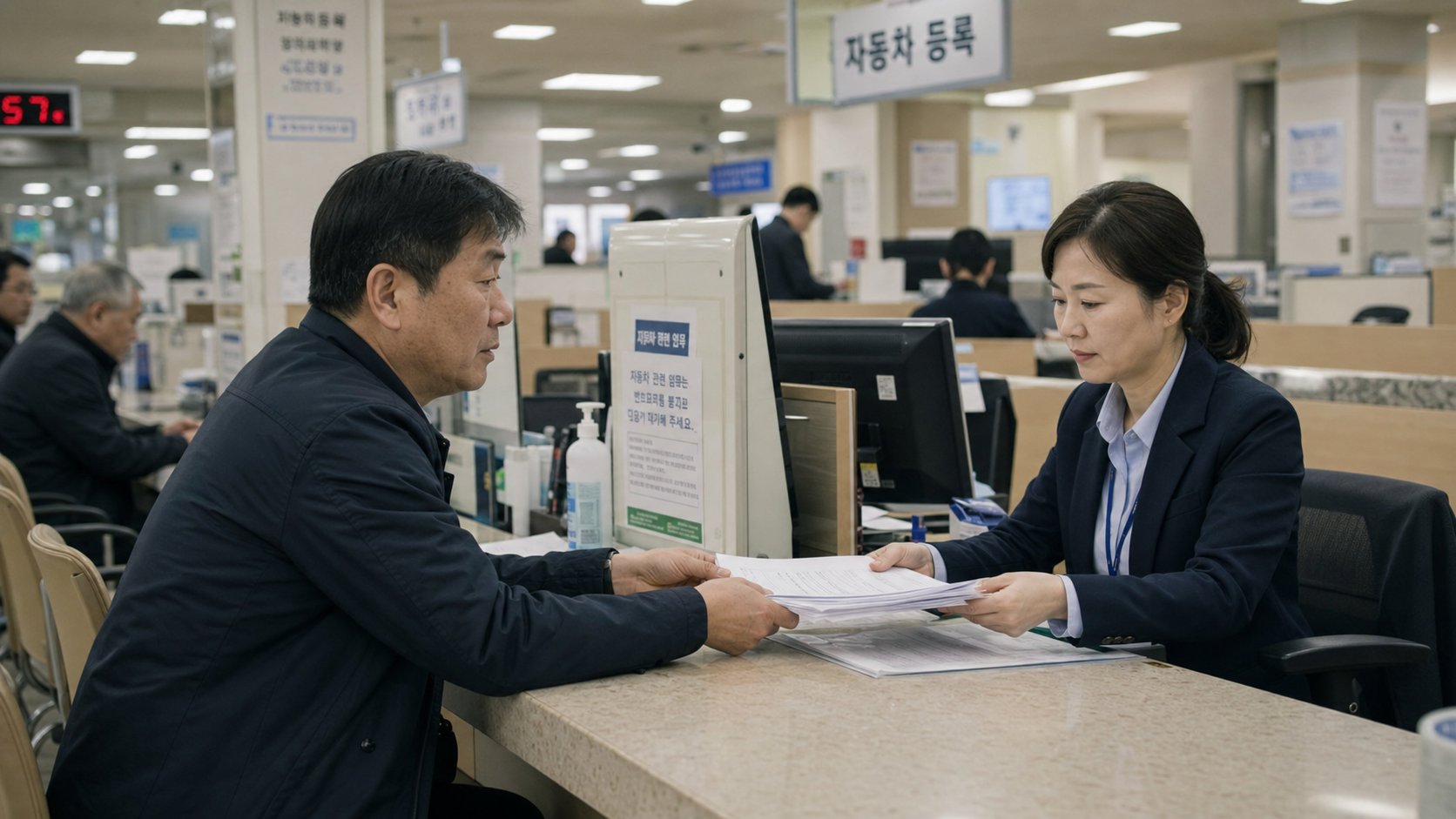차량등록사업소 창구에서 가족이 명의이전 서류를 제출하는 장면