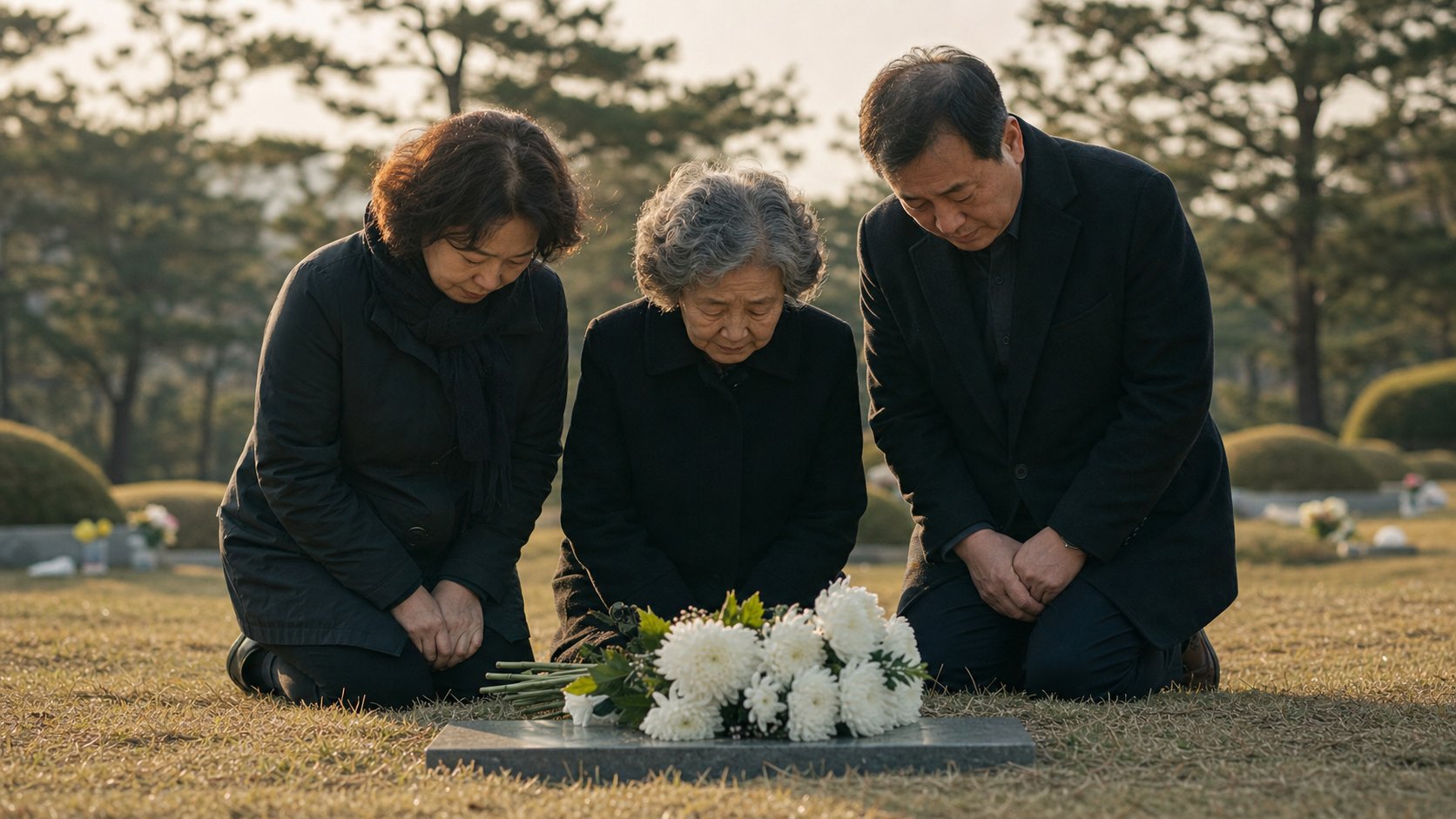 묘소를 가족이 함께 방문해 헌화하고 절을 올리며 추모하는 야외 장면