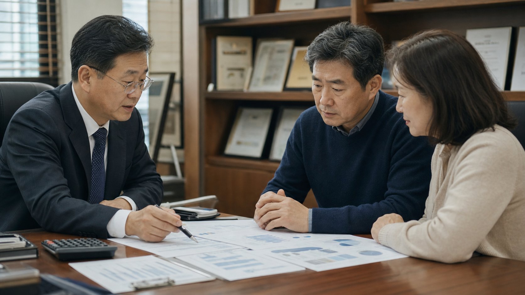세무사 사무실에서 가족이 상속세 신고 서류를 함께 검토하는 상담 장면