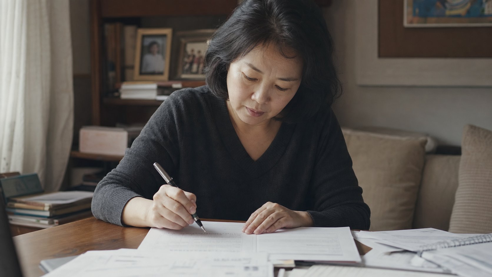 가족이 책상에 앉아 환급 신청 서류를 작성하며 정리하는 모습