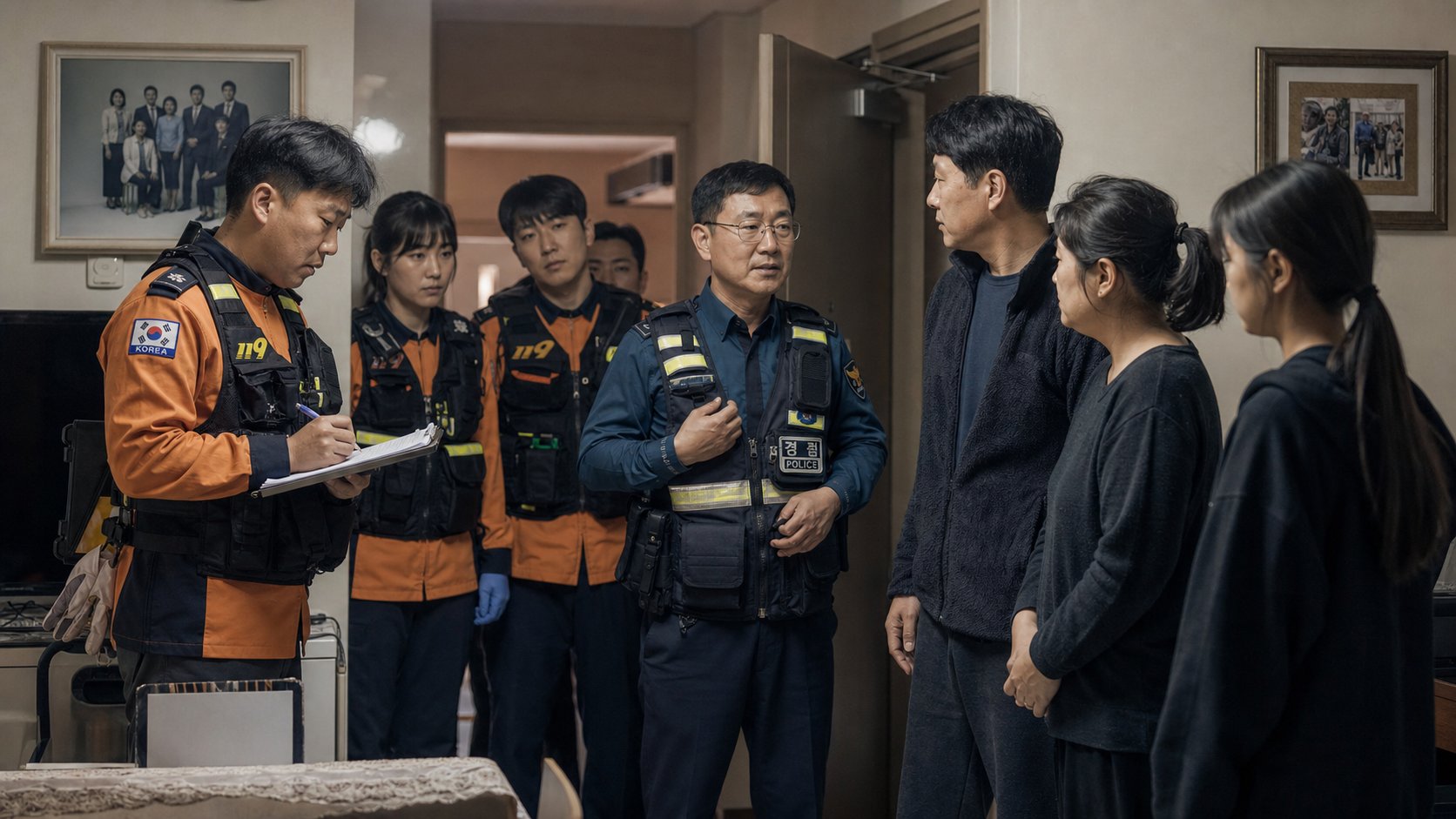 119 구급대원과 경찰관이 자택에 도착해 가족과 상황을 확인하는 장면
