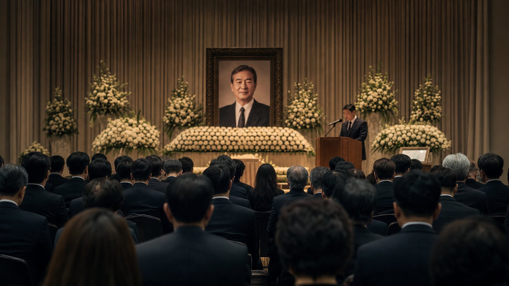 대형 강당에서 영정을 모시고 추도사가 진행되는 사회장 영결식 모습