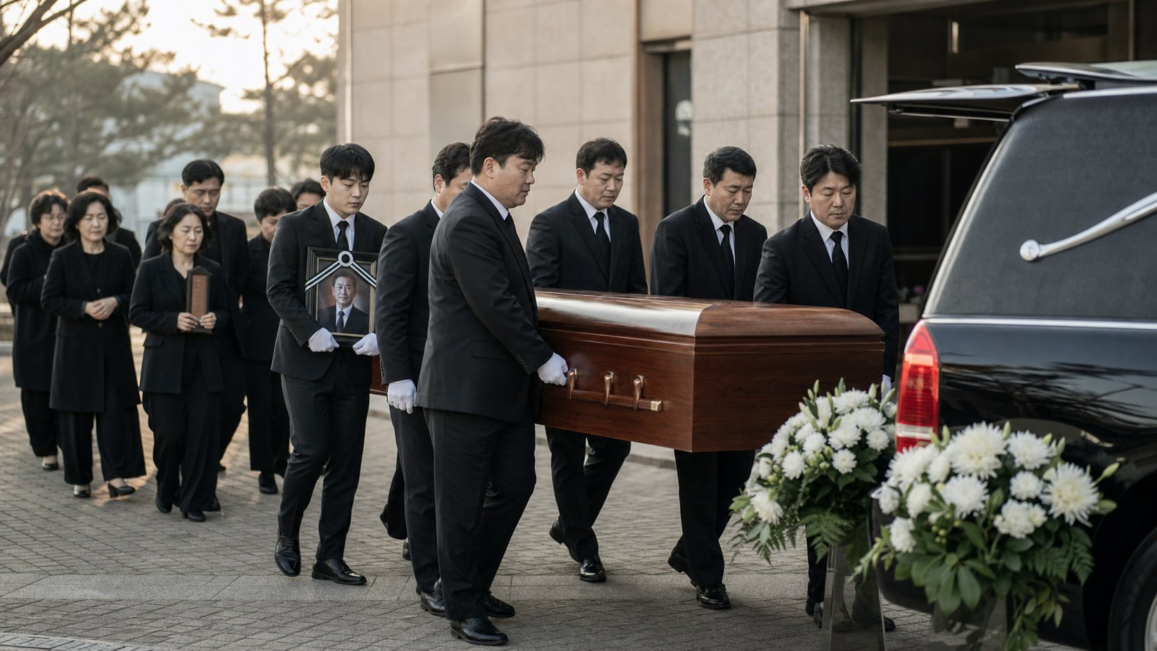 운구위원들이 관을 들고 영구차로 천천히 옮기는 발인식 운구 장면