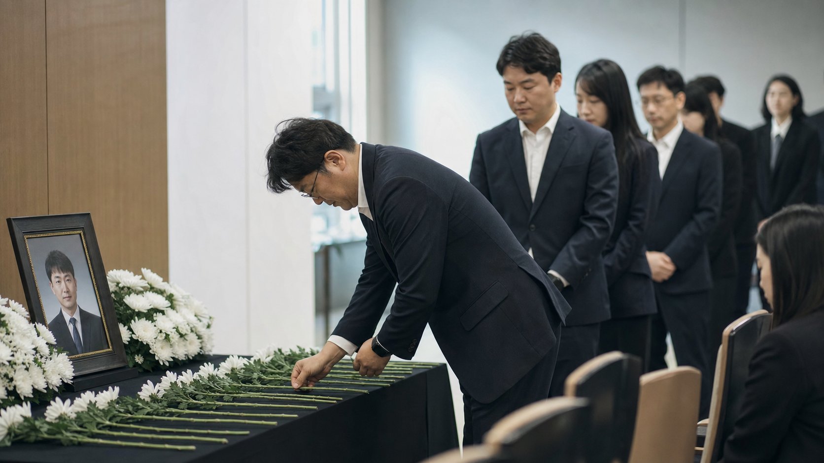 직장 추모실에서 동료들이 한 명씩 흰 국화를 헌화하는 추모식 장면