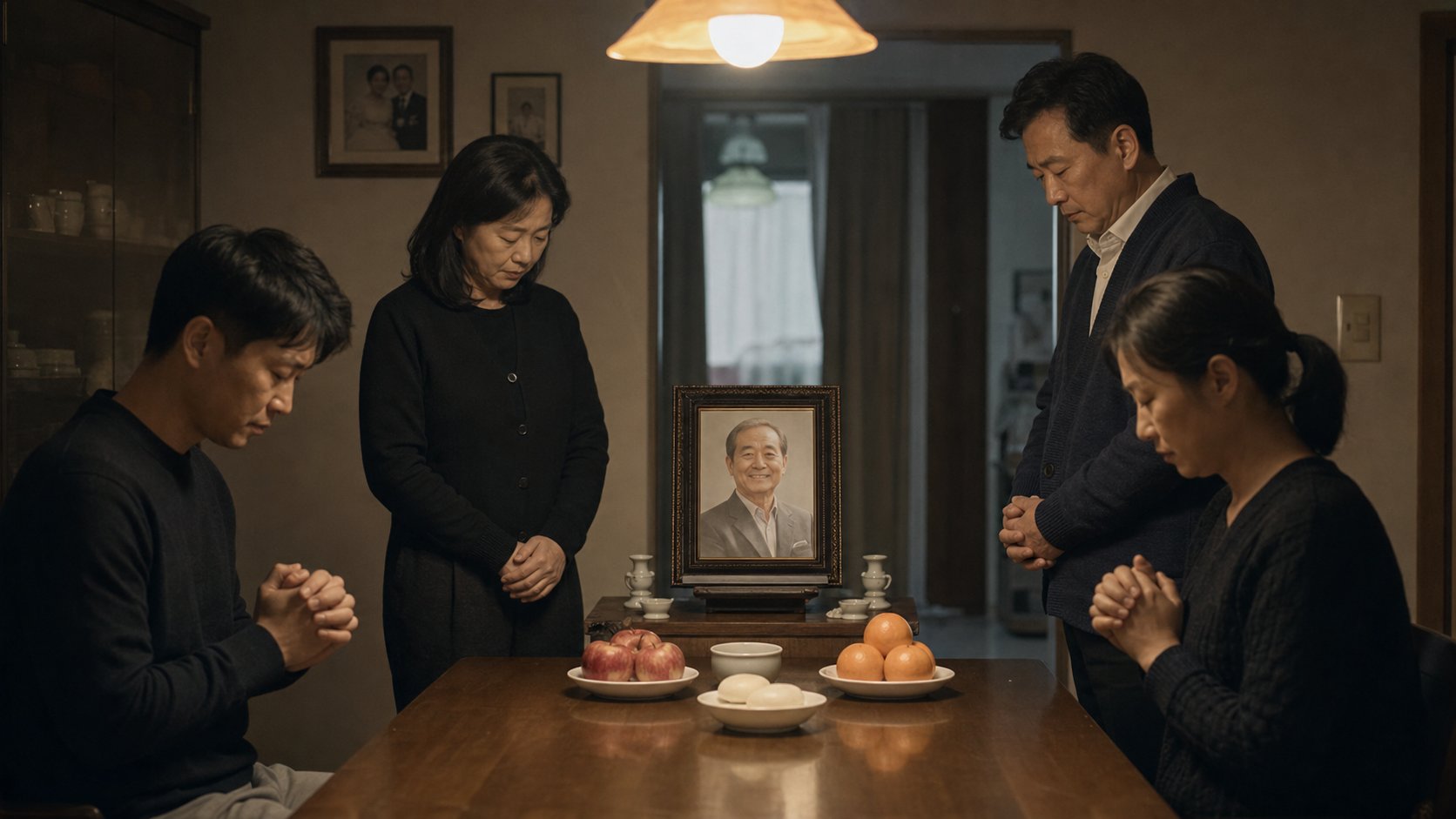 식탁에 영정과 음식을 차려 놓고 가족이 손을 모은 채 묵념하는 가정 추도식