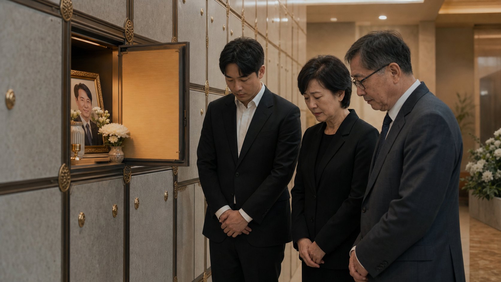 봉안당 가족 추모실에서 가족이 차분히 묵념하는 1주기 추도식