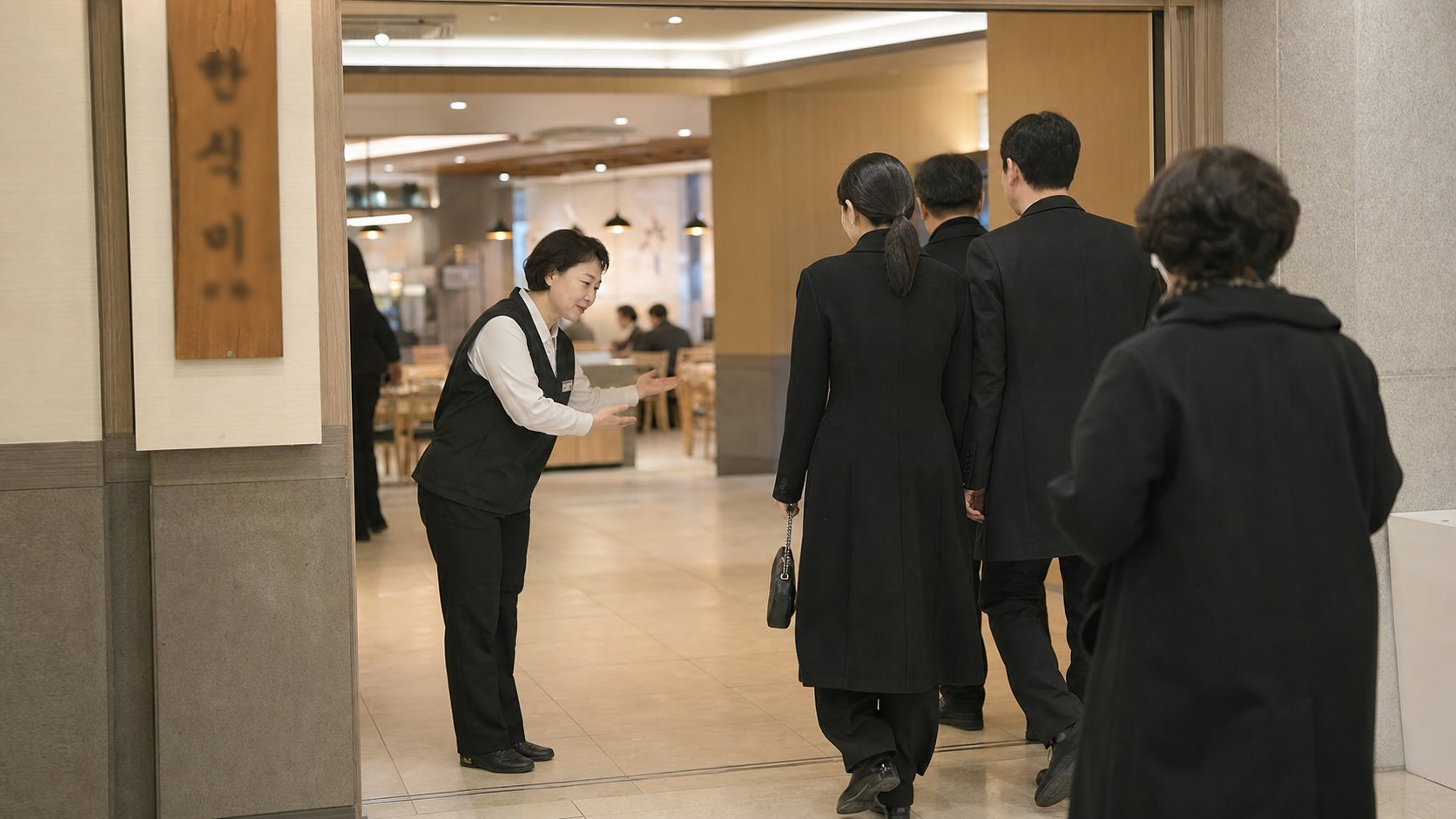 장례식장 식당 입구에서 안내 직원이 조문객을 자리로 안내하는 모습