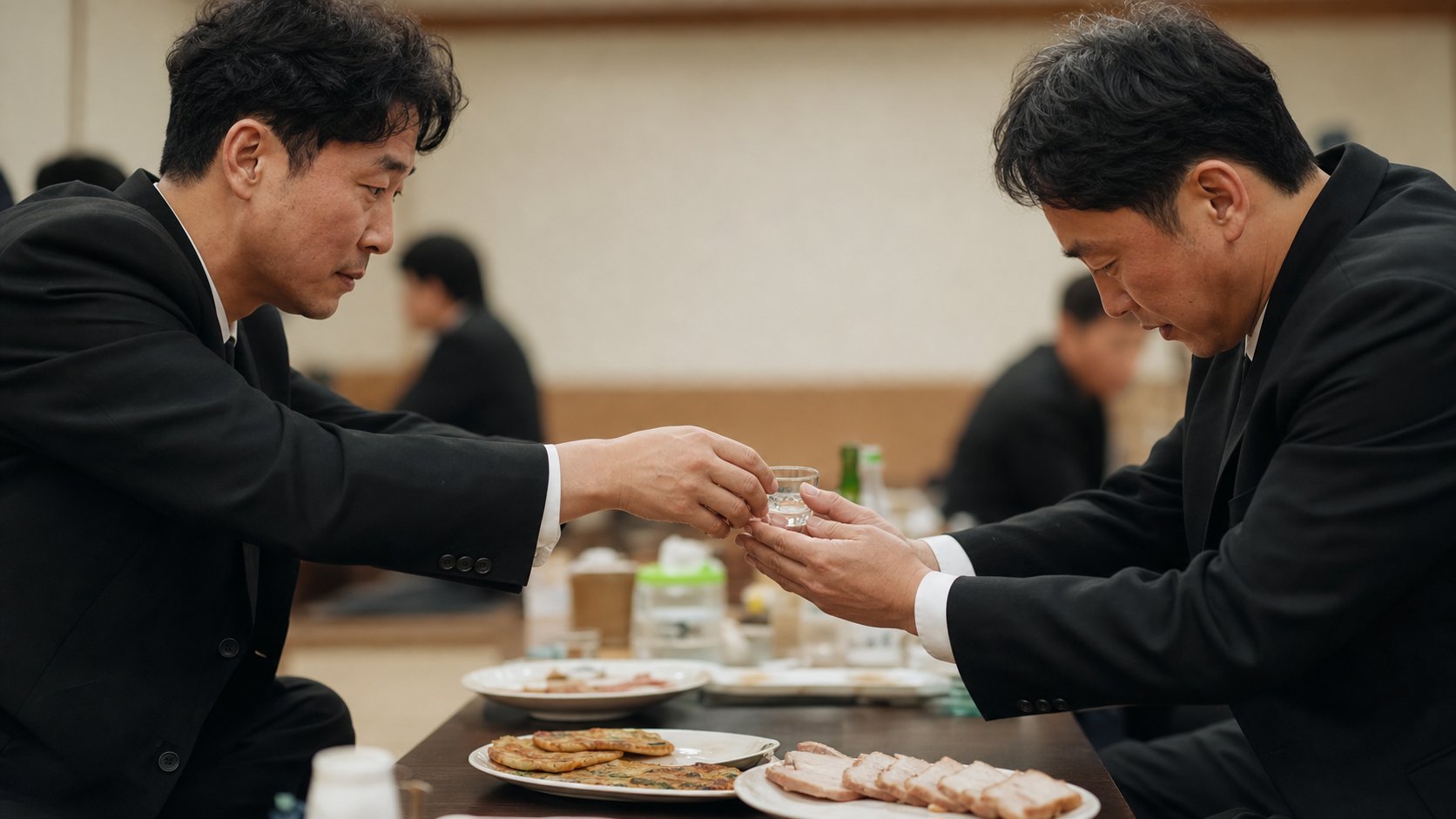 장례식장 음복 자리에서 두 손으로 술잔을 받고 따르는 예의 바른 모습