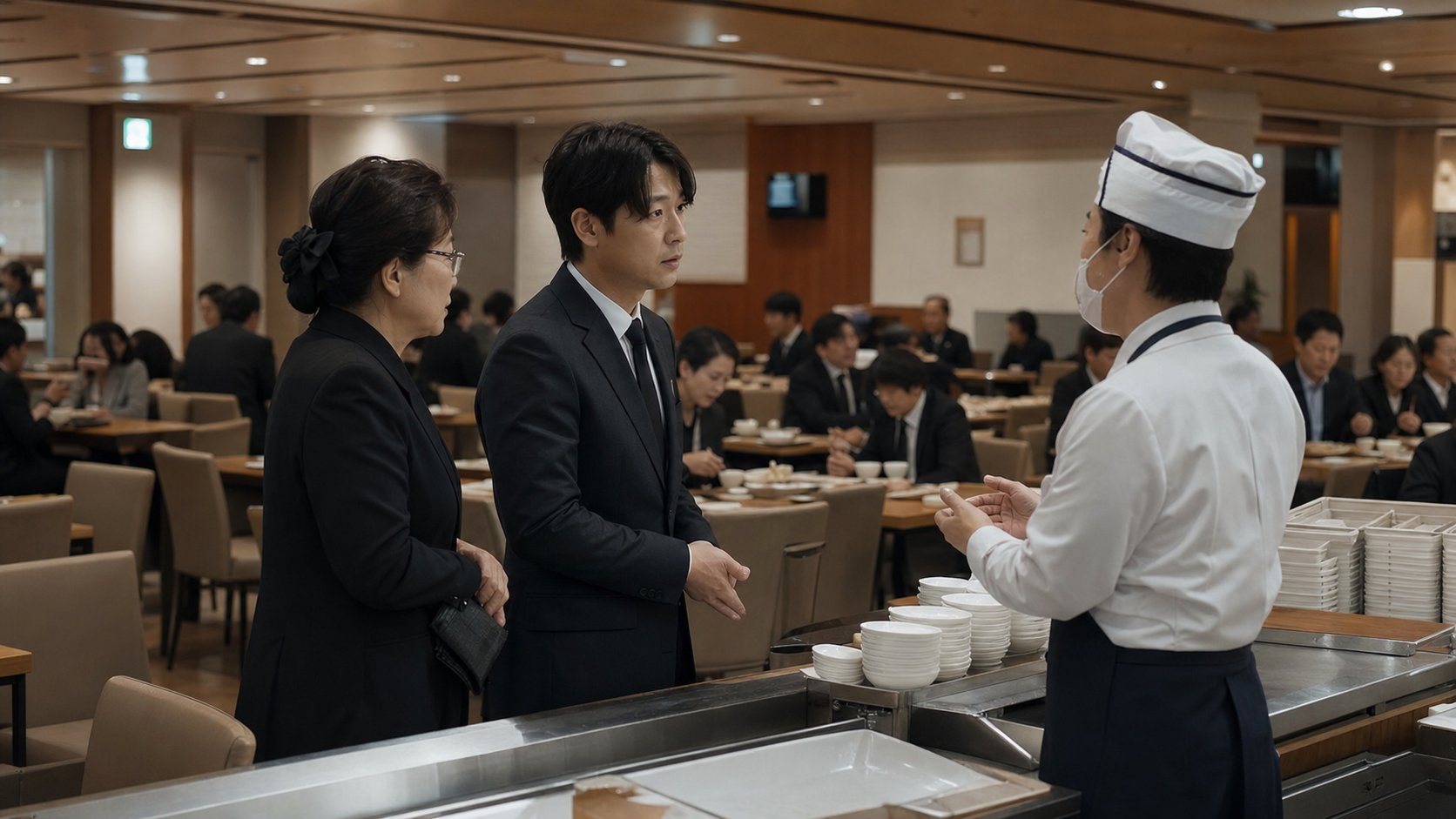장례식장 식당에서 가족이 직원과 메뉴 수량을 협의하는 운영 장면