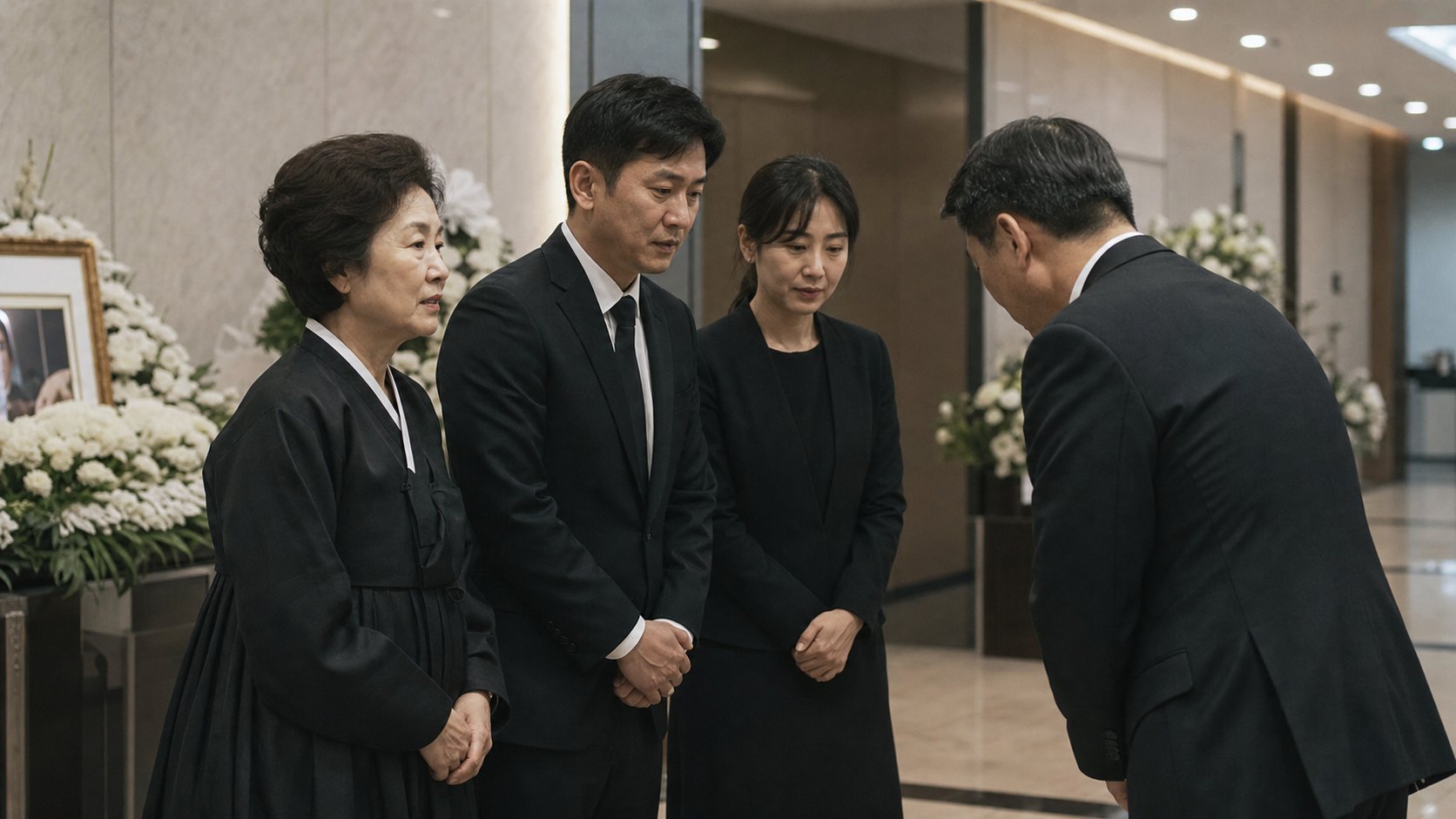 장례식장 빈소 앞에서 사실혼 배우자와 자녀가 함께 조문객을 맞이하는 공동 상주 장면