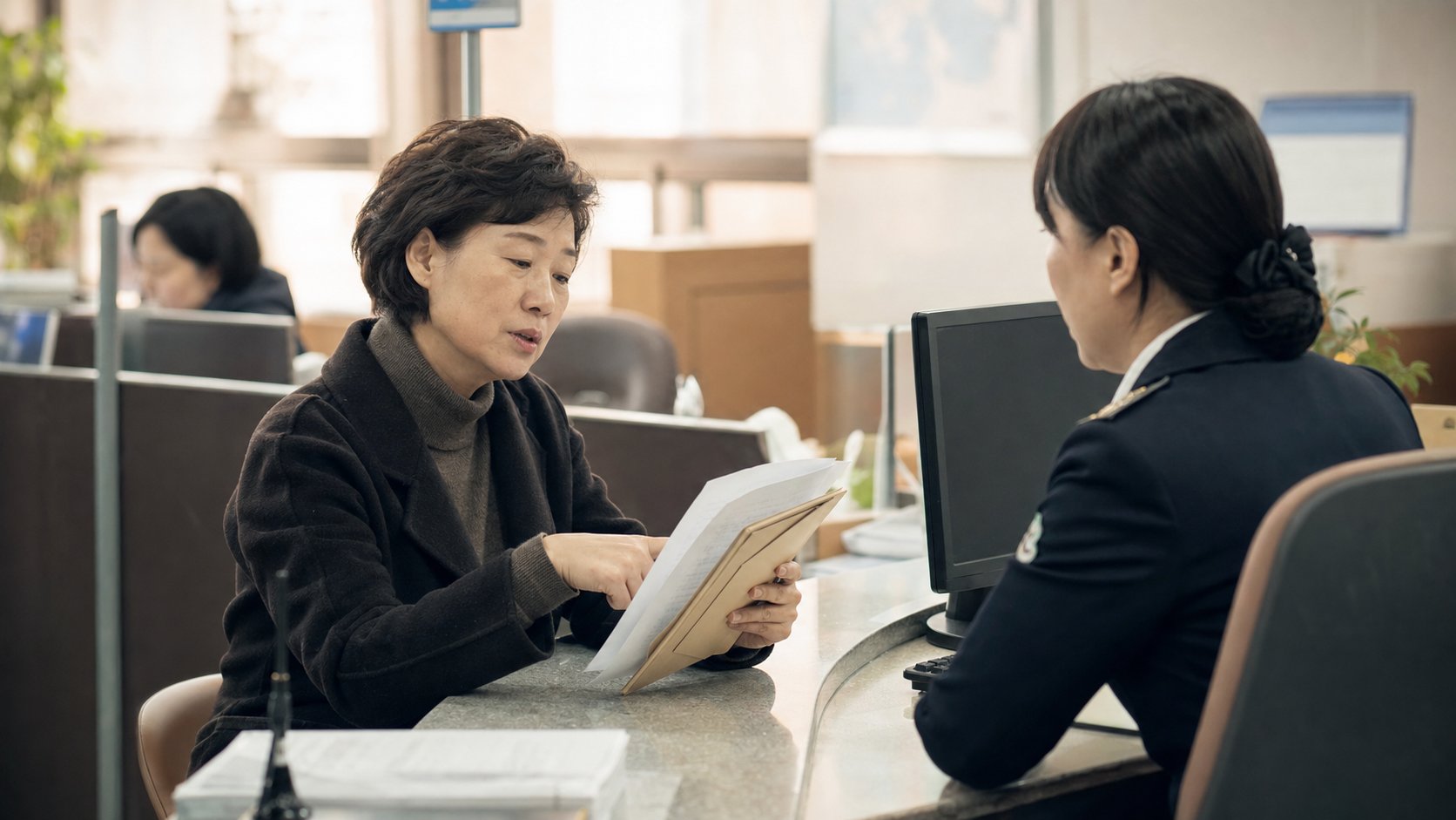 행정 창구에서 사실혼 입증 서류를 들고 직원과 상담하는 모습