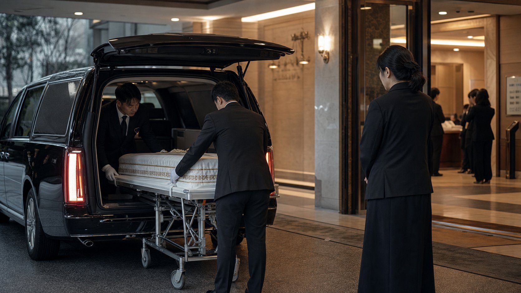 장례식장 입구에 도착한 영구차에서 시신을 안치실로 옮길 준비를 하는 장면