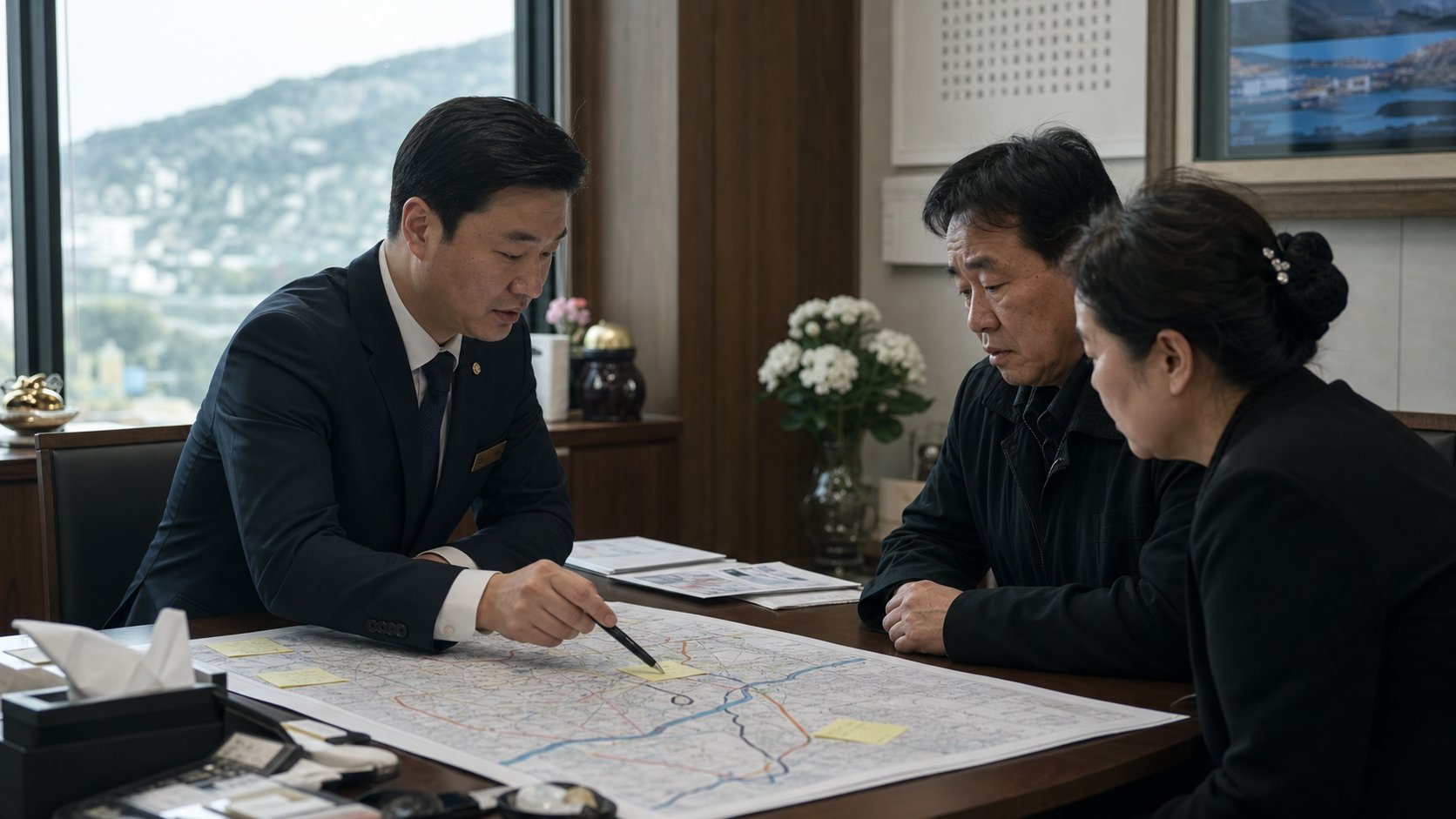 장례지도사와 가족이 지도를 펼쳐 운구 경로와 일정을 협의하는 모습