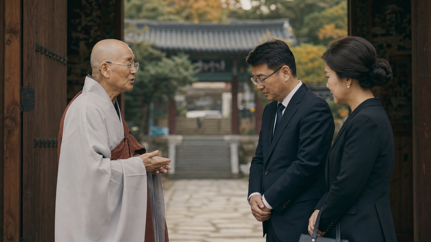 사찰 입구에서 스님과 가족이 천도재 일정과 내용을 협의하는 모습