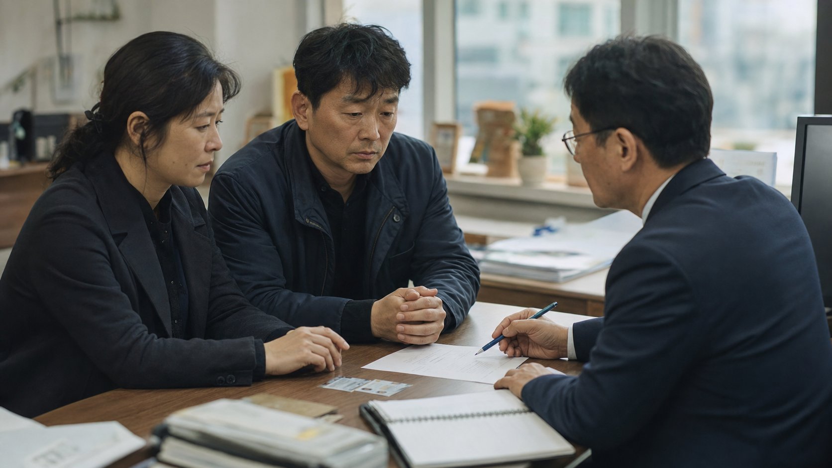 부동산 사무실에서 임대인과 상속인 가족이 보증금 반환 절차를 협의하는 장면