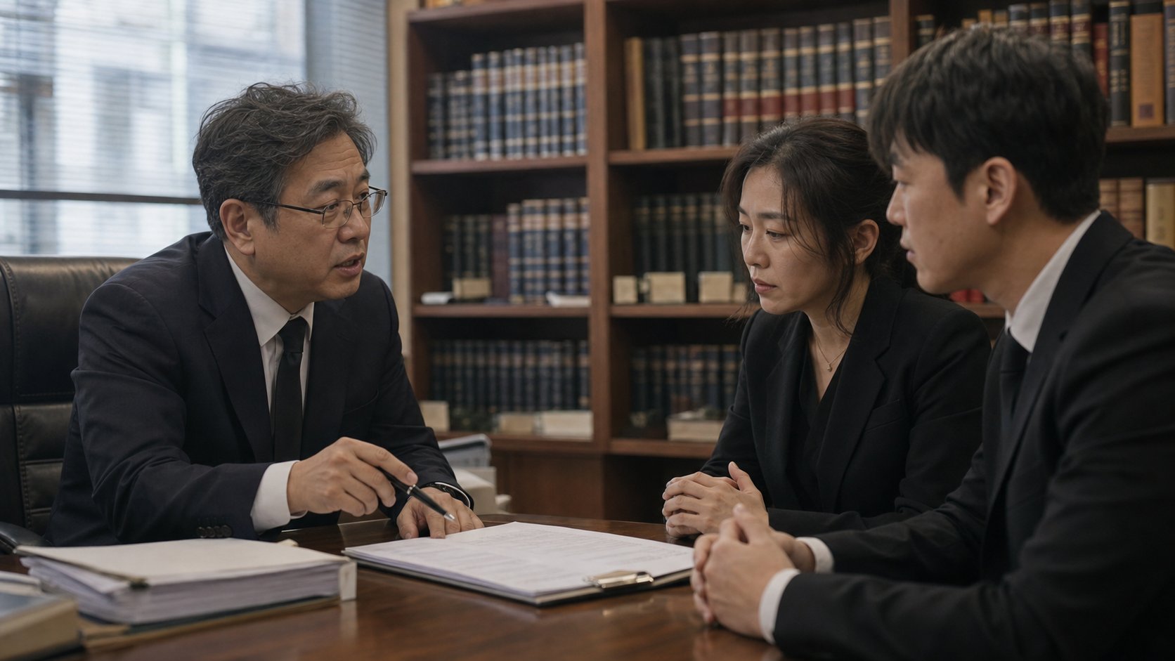 변호사 사무실에서 가족이 임대차 분쟁 대응 방향을 변호사와 협의하는 모습