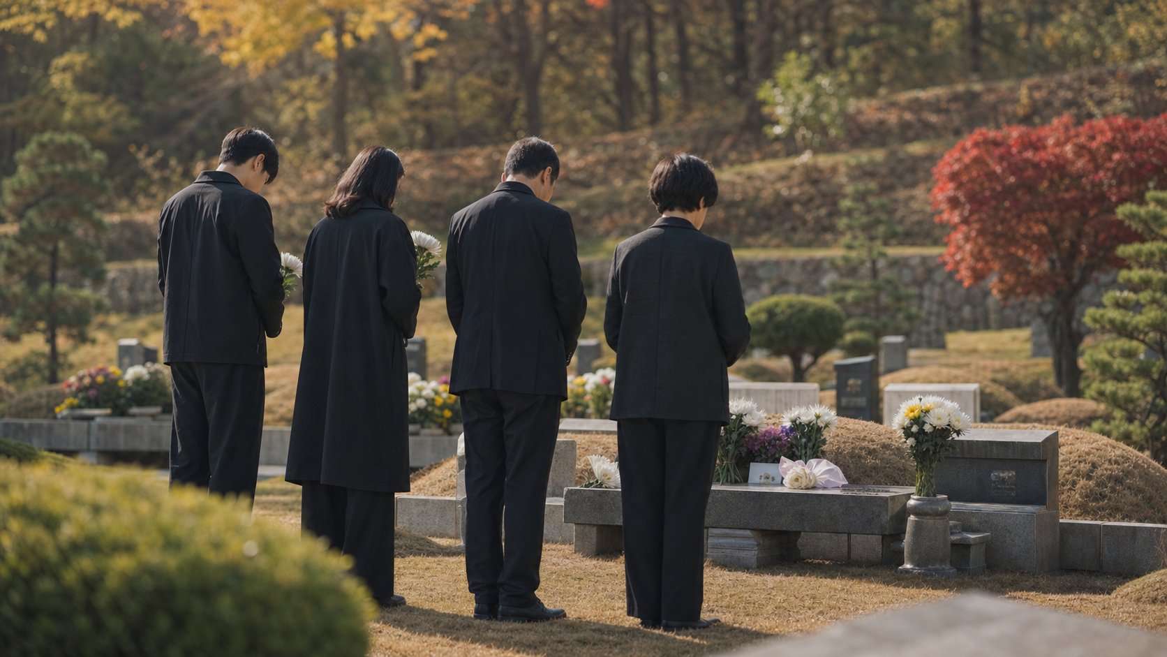 가족 묘원의 부부 합장 자리에서 헌화하고 묵념하는 가족