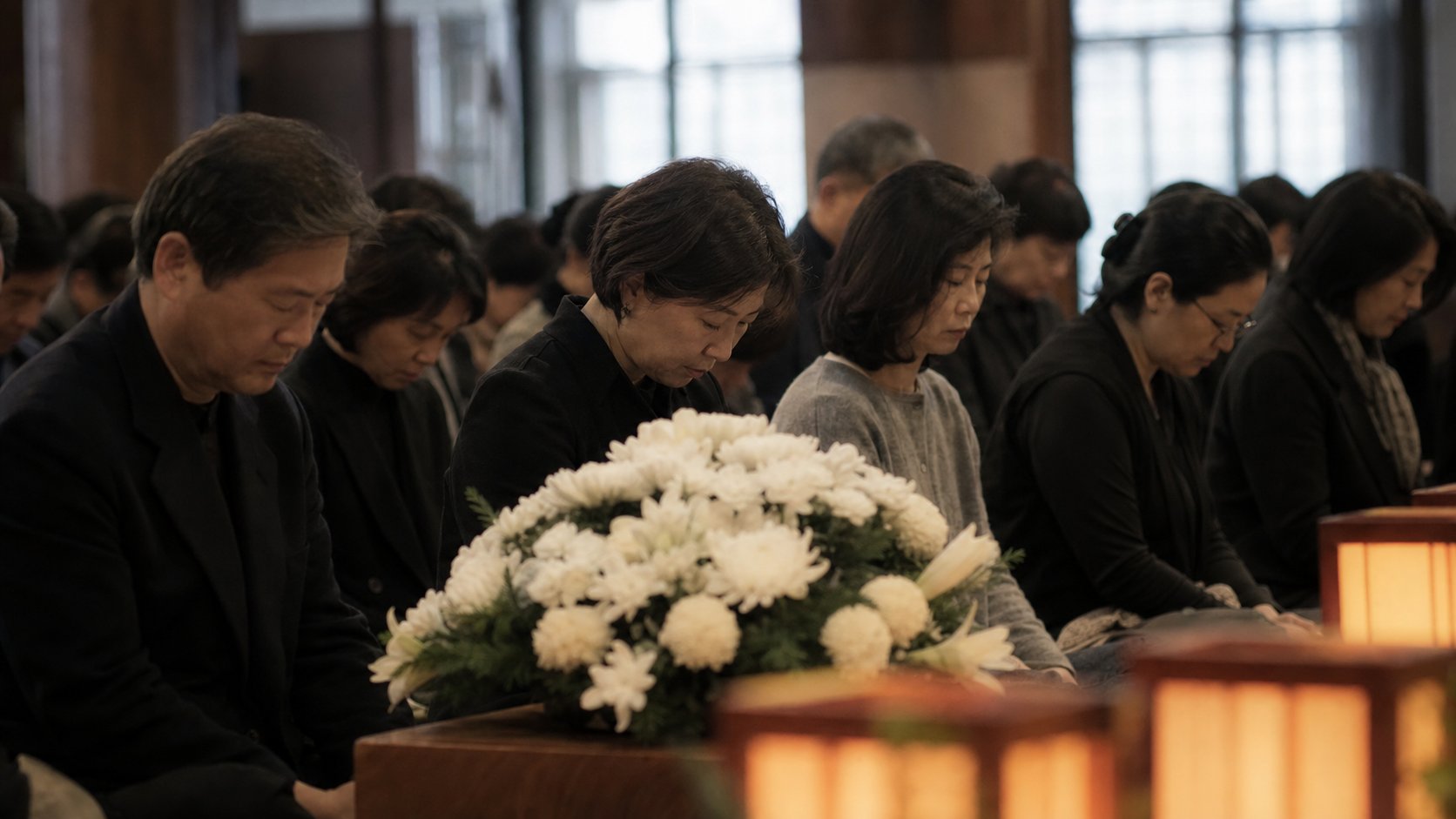 종교 시설 안에서 가족이 고개를 숙이고 위령 의식에 참여하는 장면