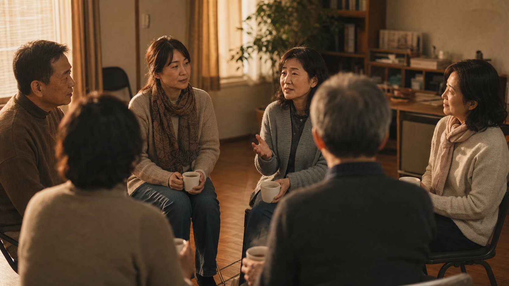 유족 자조 모임에서 따뜻한 차를 마시며 이야기 나누는 사람들
