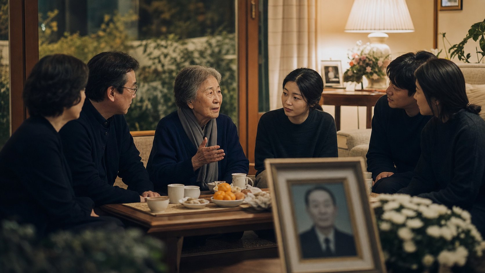 가족이 둘러앉아 고인의 추억을 나누는 추도식 모임