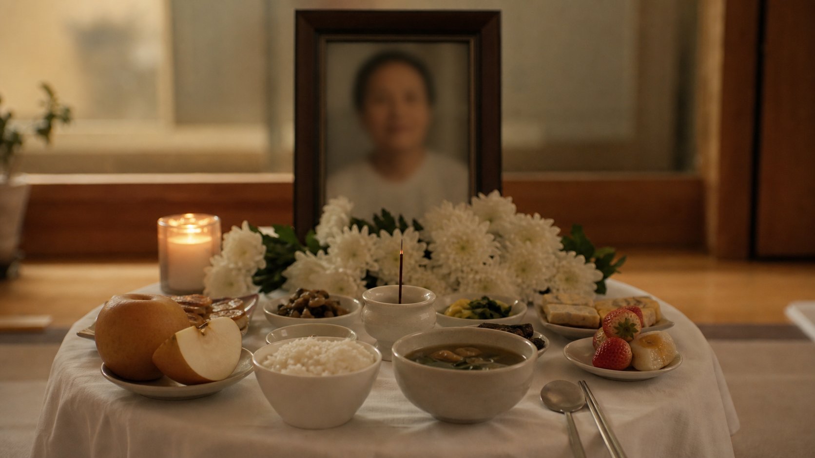 간소하게 차려진 1주기 차례상과 영정 향로