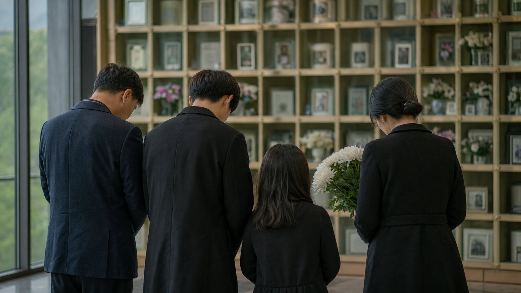 가족이 봉안당 묘소 앞에서 흰 국화를 헌화하는 1주기 방문