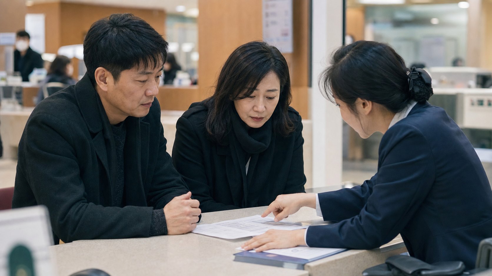 원무과 직원과 함께 진료비 청구서를 검토하는 가족