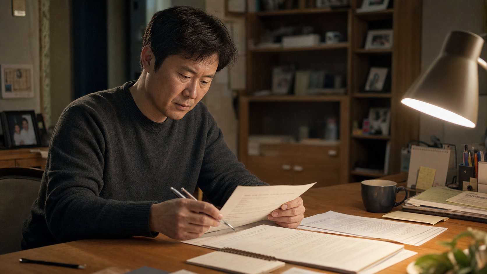 사망진단서와 진료 영수증을 책상에 펼쳐 정리하는 가족