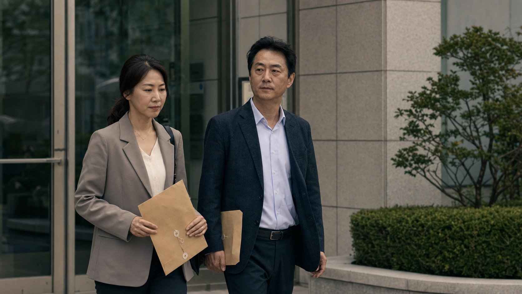 등기소 건물로 서류를 들고 들어가는 가족