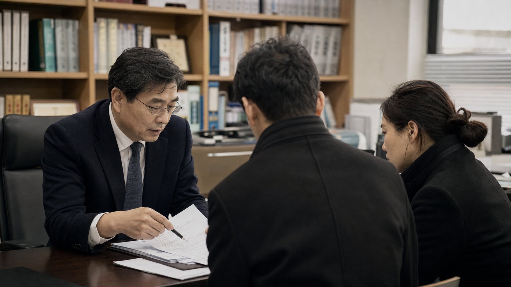 법무사 사무실에서 상속등기 상담을 받는 가족