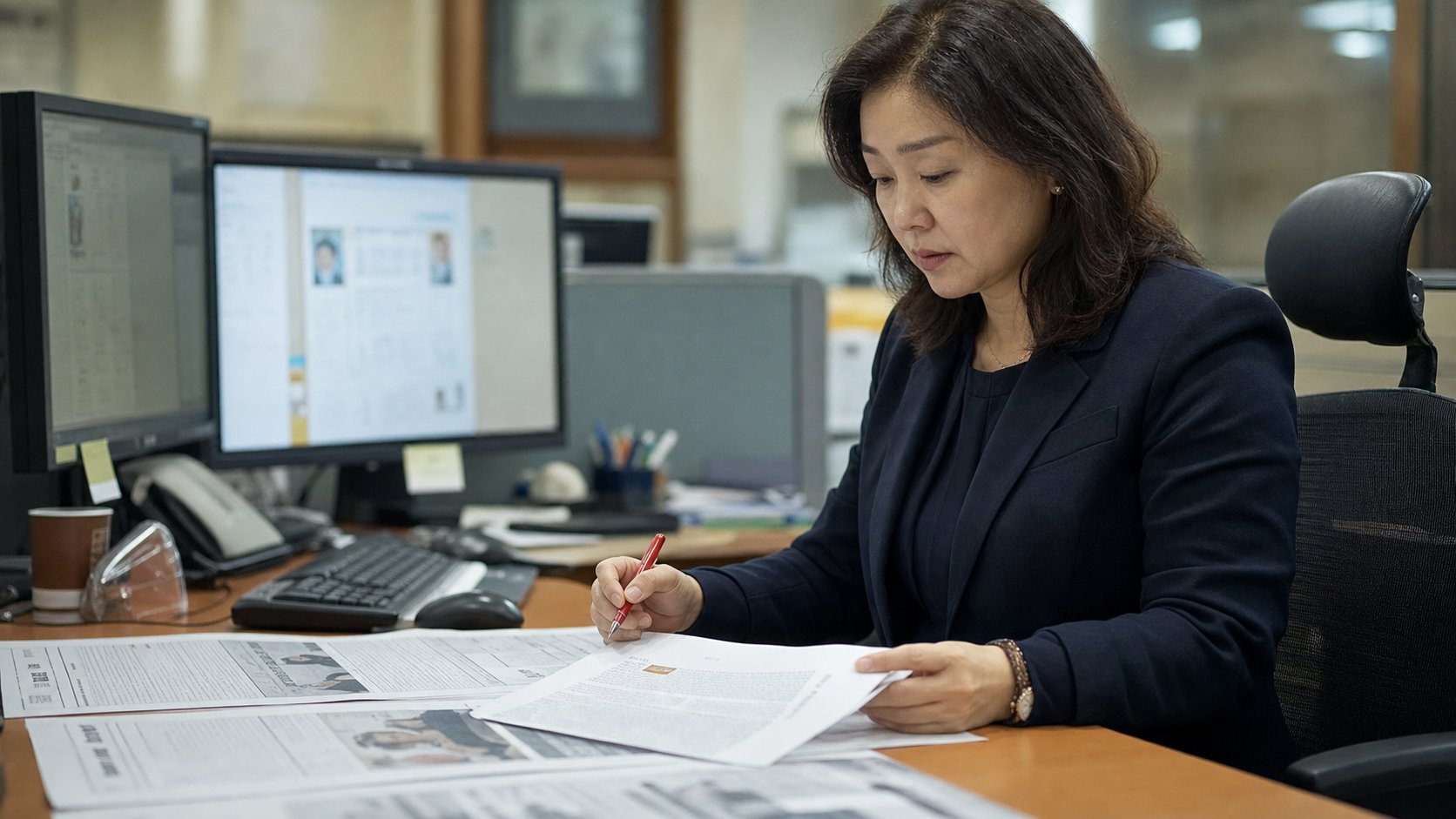 신문 광고 영업국에서 부고 원고를 검토하는 직원